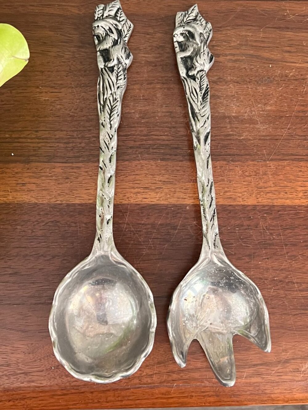 Vintage Bunny Salad Serving Set Cast Aluminum Relief Woodland Rabbits 11”